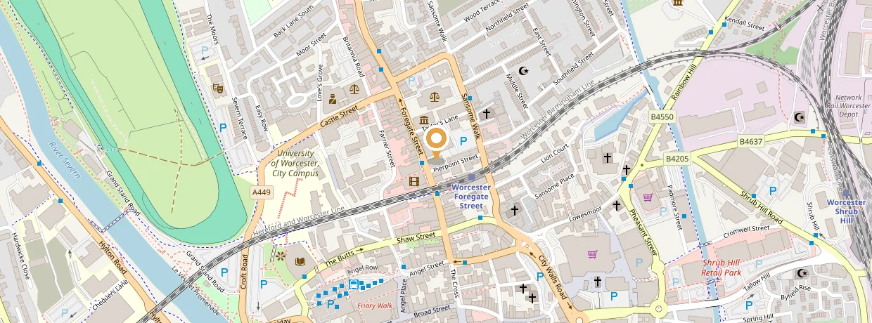Map of Worcester city centre showing homecareOS at 18 Foregate Street, WR1 1DN