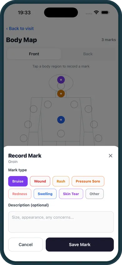 Body map recording with front and back views