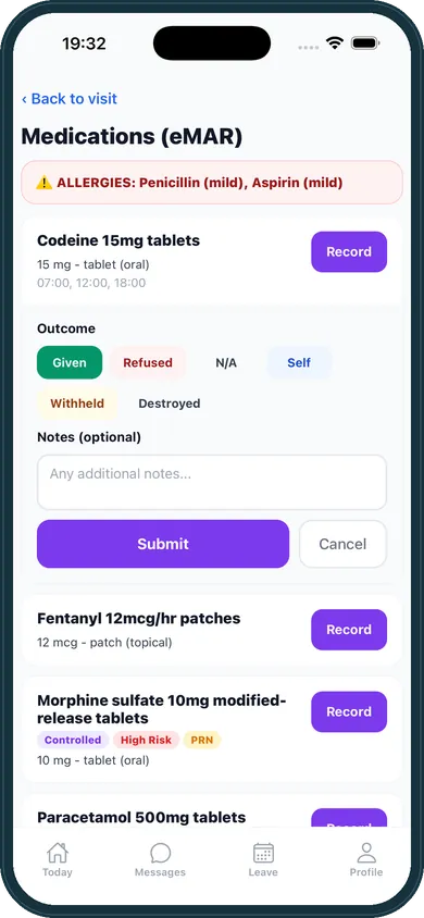 eMAR on the carer app: medicines due at the visit with an allergy warning and dose outcomes