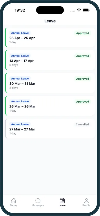 Leave requests with status tracking