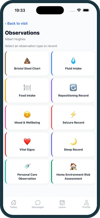 Observation types including Bristol Stool, Fluid Intake, Vital Signs
