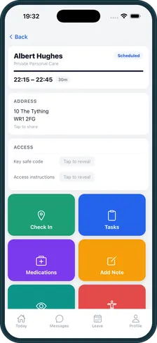 homecareOS mobile app visit screen with Check In, Tasks, Medications and more