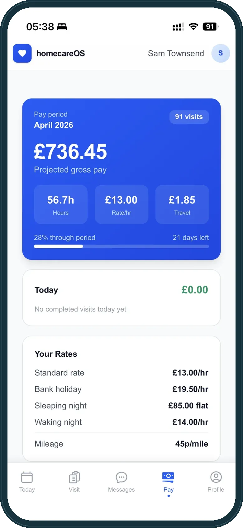 Carer pay summary showing hours worked and pay rates in home care payroll software