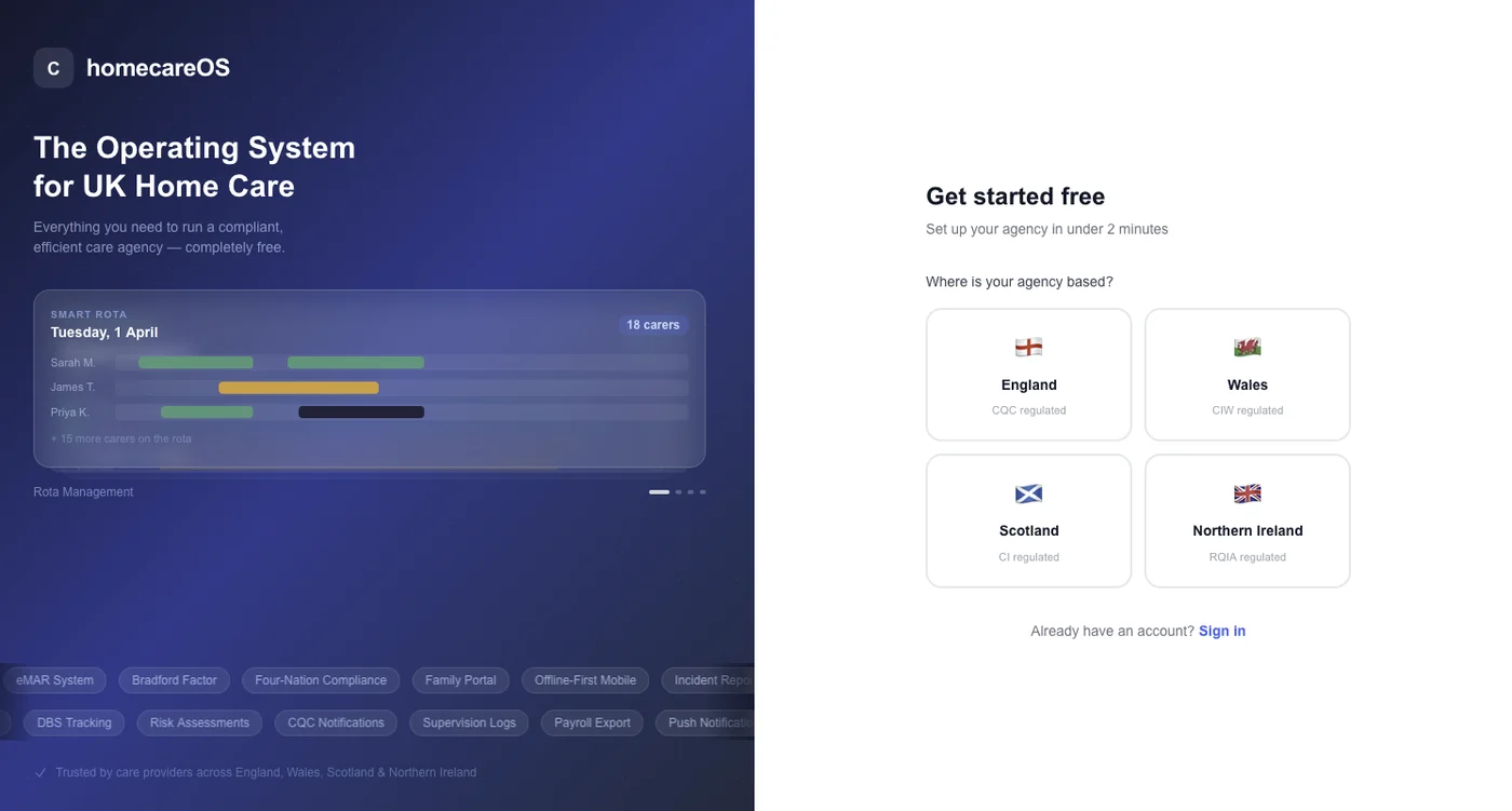 homecareOS sign-up screen