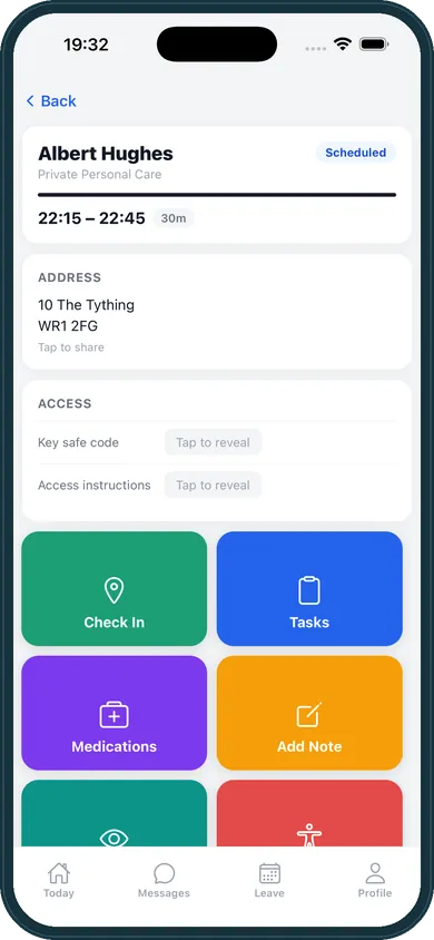 The homecareOS carer app on a visit: the address, visit time and buttons to check in, record tasks, medications and observations