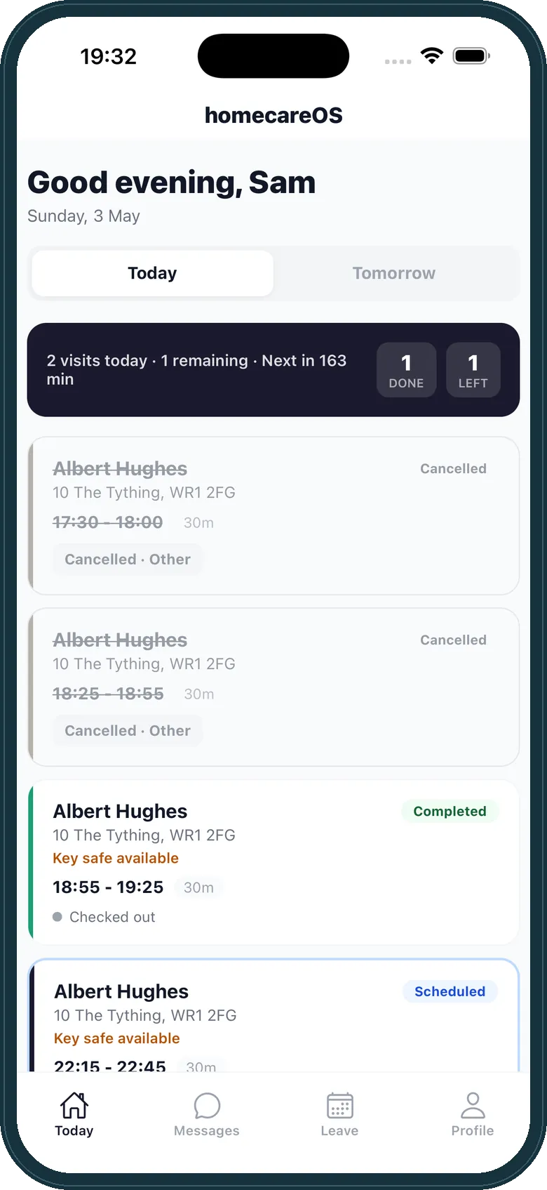 Carer mobile app with visits